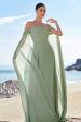 Light Green Cold Shoulder Detachable Sleeves Chiffon Bridesmaid Dress Supply