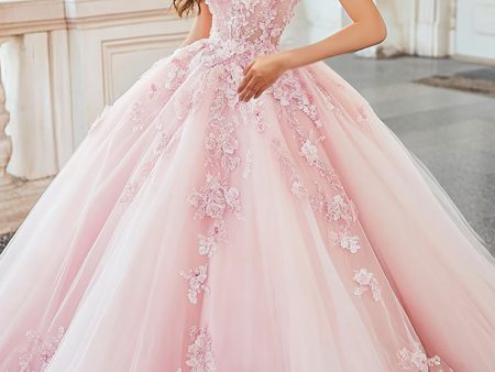 Pink Sweetheart Ball Gown Tulle Quinceanera Dress with Floral Appliques Discount