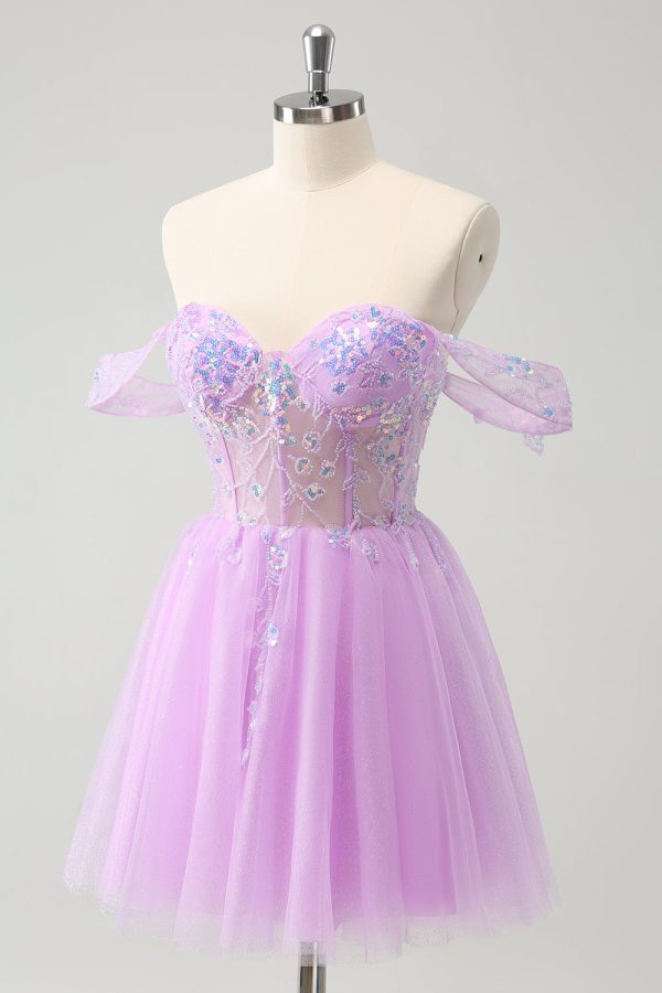 A Line Lilac Off the Shoulder Sequined Homecoming Dress on Sale