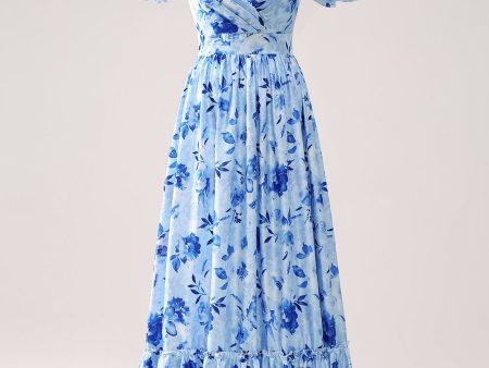 Blue Off The Shoulder Floral A Line Bridesmaid Dress Online Sale