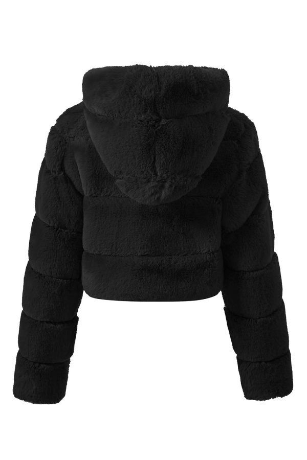 Black Fluffy Faux Fur Zip Up Short Coat Online