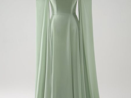 Light Green Cold Shoulder Detachable Sleeves A-Line Chiffon Long Bridesmaid Dress Online Hot Sale