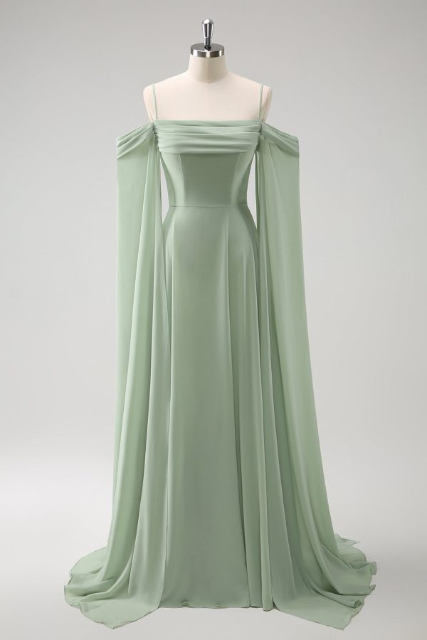 Light Green Cold Shoulder Detachable Sleeves A-Line Chiffon Long Bridesmaid Dress Online Hot Sale