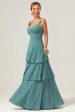 Eucalyptus A-Line Spaghetti Straps Chiffon Pleated Tiered Bridesmaid Dress Fashion