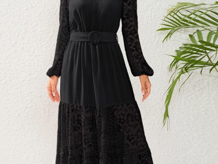 Black Lace A-Line Long Sleeves Scoop Long Party Dress with Belt Discount