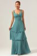 Eucalyptus A-Line Spaghetti Straps Chiffon Pleated Tiered Bridesmaid Dress Fashion