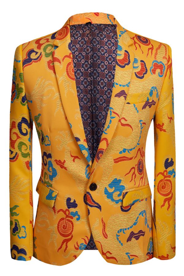 Yellow 2 Piece Notched Lapel Print Men s Suit Online Hot Sale