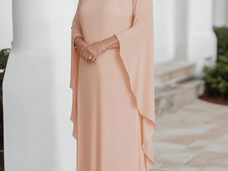 Apricot Chiffon Column Scoop Neck Flutter Sleeves Mother of the Bride Dress For Sale