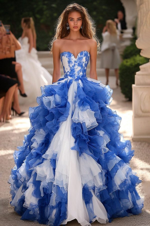 Ball Gown Blue&White Ruffles Corset Sleeveless Long Prom Dress Fashion