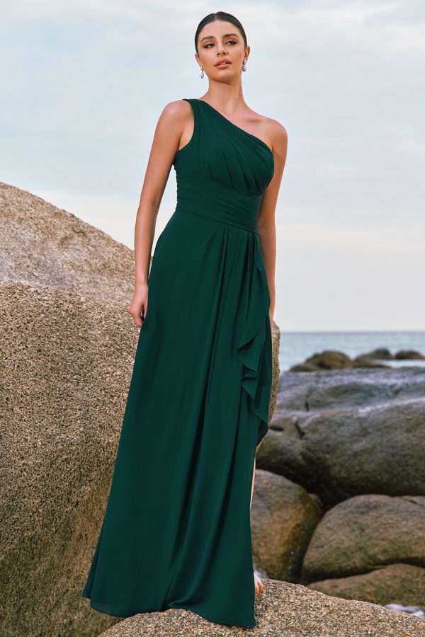 Dark Green A-Line One Shoulder Ruched Long Bridesmaid Dress Sale