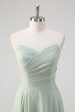 Matcha A Line Strapless Ruched Chiffon Long Bridesmaid Dress Discount