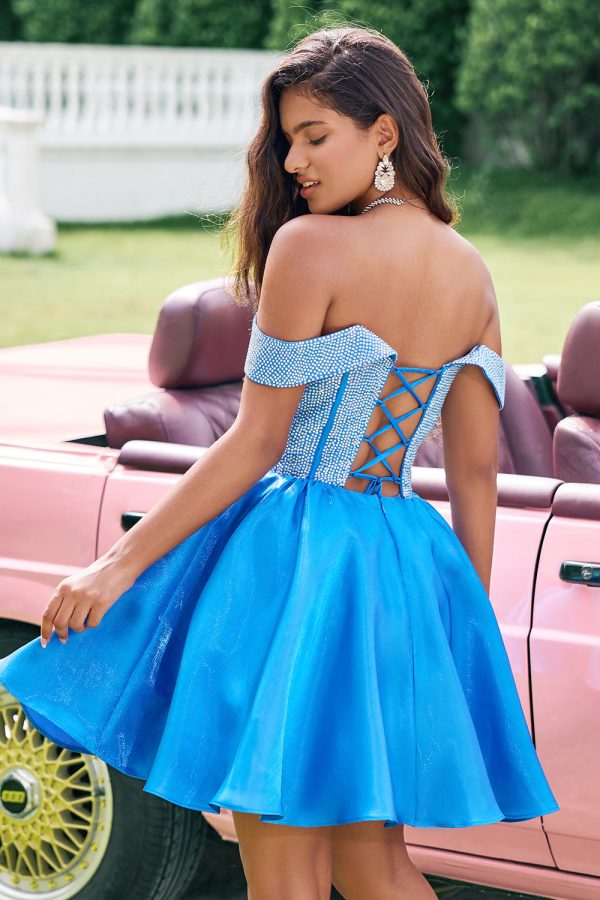 Sparkly Blue A Line Off the Shoulder Satin Ruffle Homecoming Dress with Beading Fashion