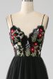 Black A-Line Spaghetti Straps Embroidered Long Corset Prom Dress Online Sale