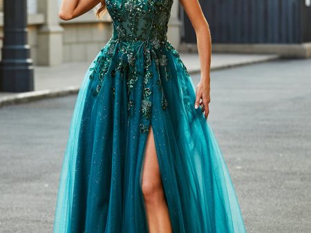 Gorgeous A Line Spaghetti Straps Dark Green Long Prom Dress with Appliques Online now