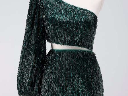 Sparkly Dark Green One Shoulder Tight Short Homecoming Dress with Tassels Online Hot Sale