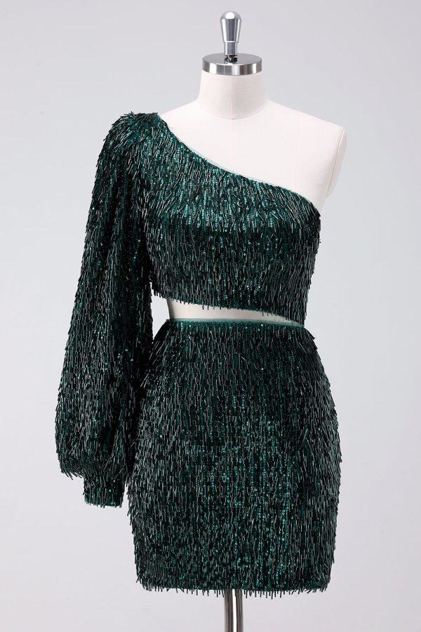 Sparkly Dark Green One Shoulder Tight Short Homecoming Dress with Tassels Online Hot Sale