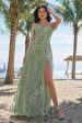 Dusty Sage Cold Shoulder A-Line Jacquard Long Bridesmaid Dress with Slit For Discount