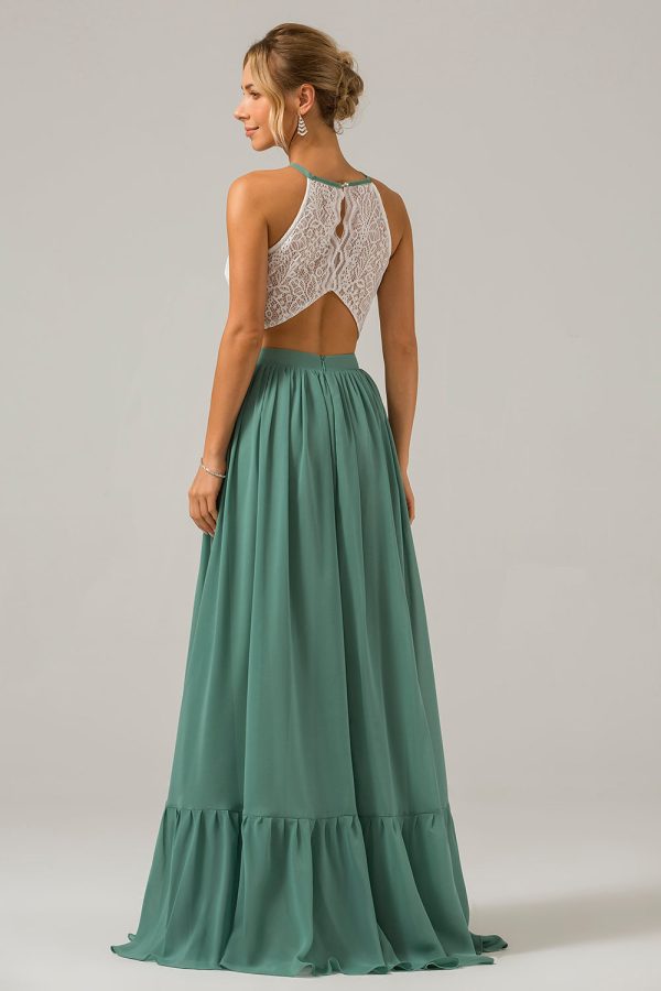 Eucalyptus Keyhole Boho Chiffon Long Bridesmaid Dress with Lace Online now