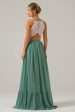 Eucalyptus Keyhole Boho Chiffon Long Bridesmaid Dress with Lace Online now