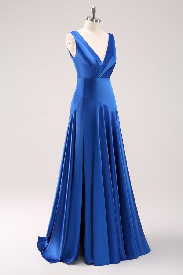 Ink Blue V-Neck Satin Bridesmaid Dress with Slit Online Hot Sale