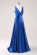 Ink Blue V-Neck Satin Bridesmaid Dress with Slit Online Hot Sale