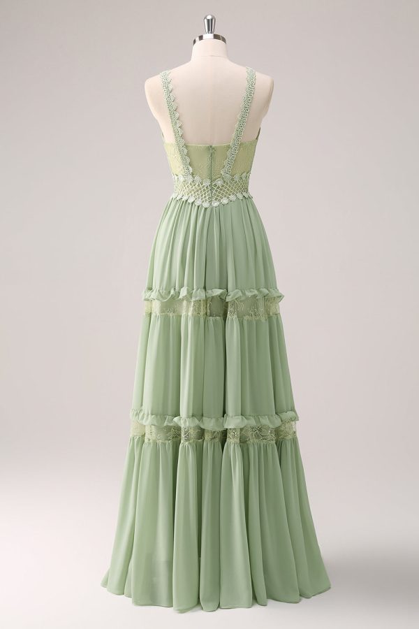 Green Ruffled Floral Bridesmaid Dress with Lace For Cheap