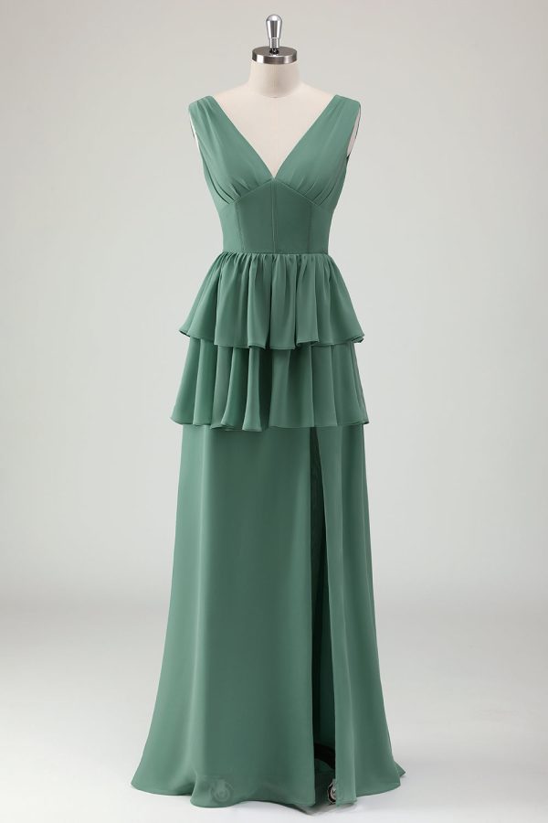 Eucalyptus A Line V-Neck Ruffled Long Bridesmaid Dress with Slit For Discount