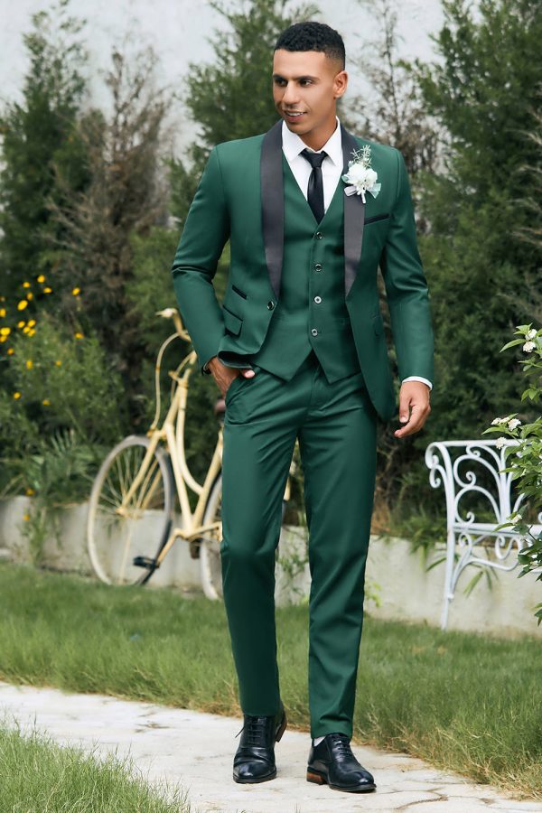 Dark Green Shawl Lapel 3-Pieces Slim Fit Men s Suits For Cheap