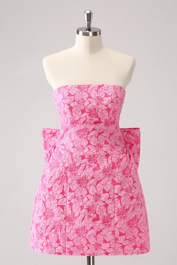 Fuchsia A Line Floral Strapless Short Homecoming Dress With Bow Supply