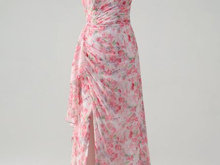 Pink Floral One Shoulder Long Prom Dress With Slit For Sale