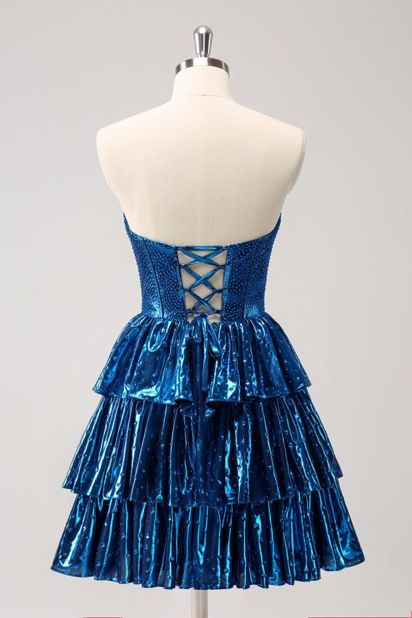 Peacock Blue A Line Strapless Corset Tiered Short Homecoming Dress For Sale