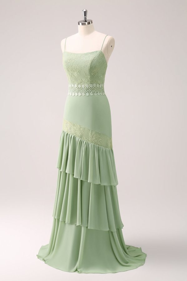 Sheath Green Floral Ruffled Chiffon Bridesmaid Dress with Lace For Sale