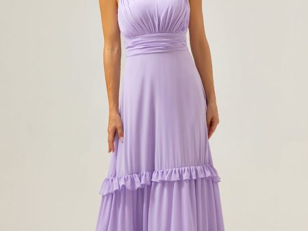 Lilac Chiffon A-Line Ruched Long Bridesmaid Dress with Ruffles Discount