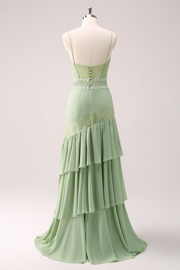 Sheath Green Floral Ruffled Chiffon Bridesmaid Dress with Lace For Sale