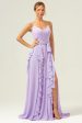 Lilac Spaghetti Straps A-Line Chiffon Ruffled Bridesmaid Dress with Slit For Cheap