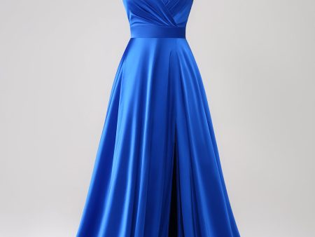 Royal Blue A Line Spaghetti Straps Satin Prom Dress with Slit Fashion