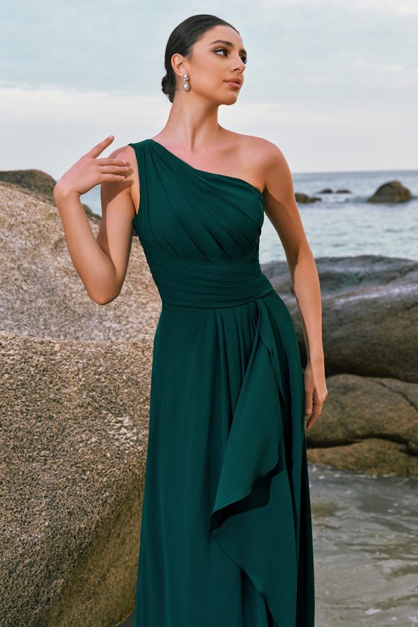 Dark Green A-Line One Shoulder Ruched Long Bridesmaid Dress Sale