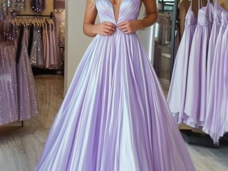 A Line Light Purple Spaghetti Straps Pleated Prom Dress Discount