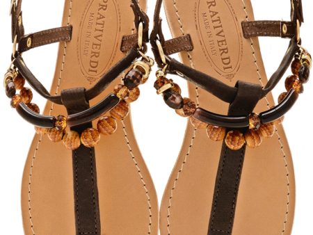 ALESSIA Beaded T-Bar Brown Leather Women Sandals Online