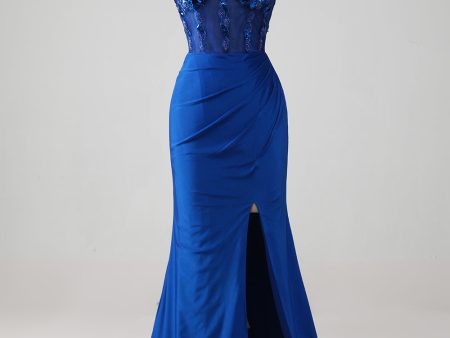 Beaded Royal Blue Corset Prom Dress with Slit Sale