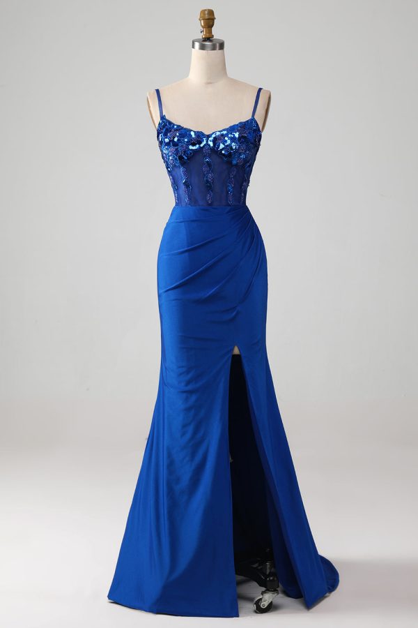 Beaded Royal Blue Corset Prom Dress with Slit Sale