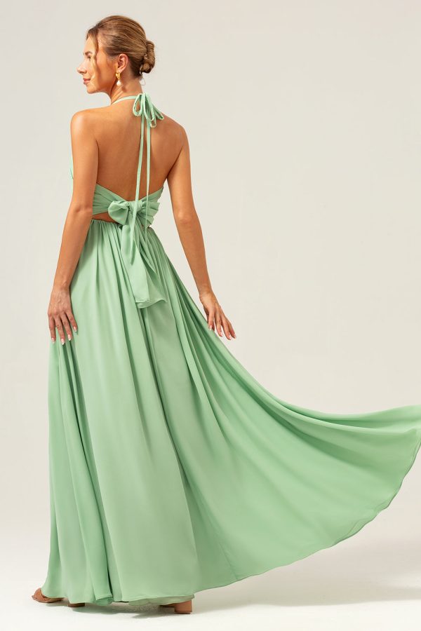 Light Green A Line Halter Backless Long Bridesmaid Dress with Lace Up Back Supply