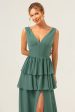 Eucalyptus A Line V Neck Corset Tiered Long Bridesmaid Dress with Slit on Sale