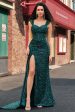 Sparkly Dark Green Sheath Sequin Pleated Long Prom Dress With Thigh Split Supply