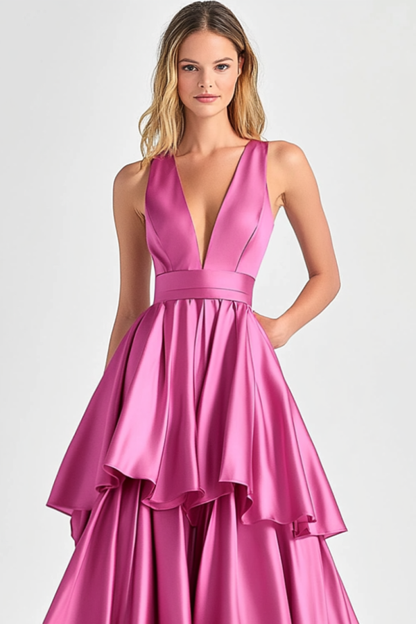 Fuchsia A-Line V Neck Ruffles Long Prom Dress Supply