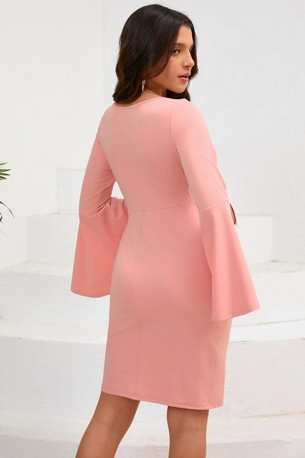 Bodycon Pink Round Neck Midi Cocktail Dress with Long Sleeves For Discount