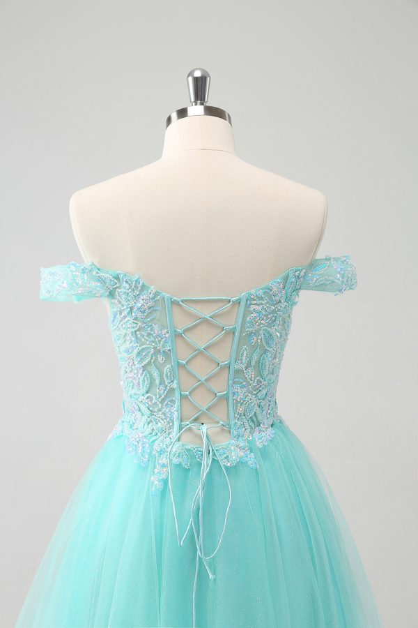 Sparkly Light Blue A Line Off The Shoulder Short Homecoming Dress Sale