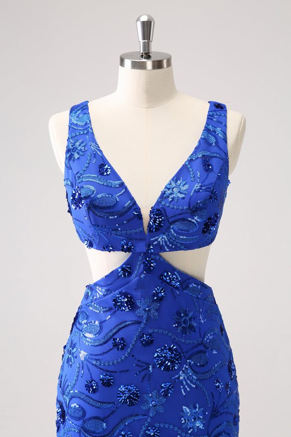 Royal Blue Bodycon Cut Out Homecoming Dress with Beading on Sale