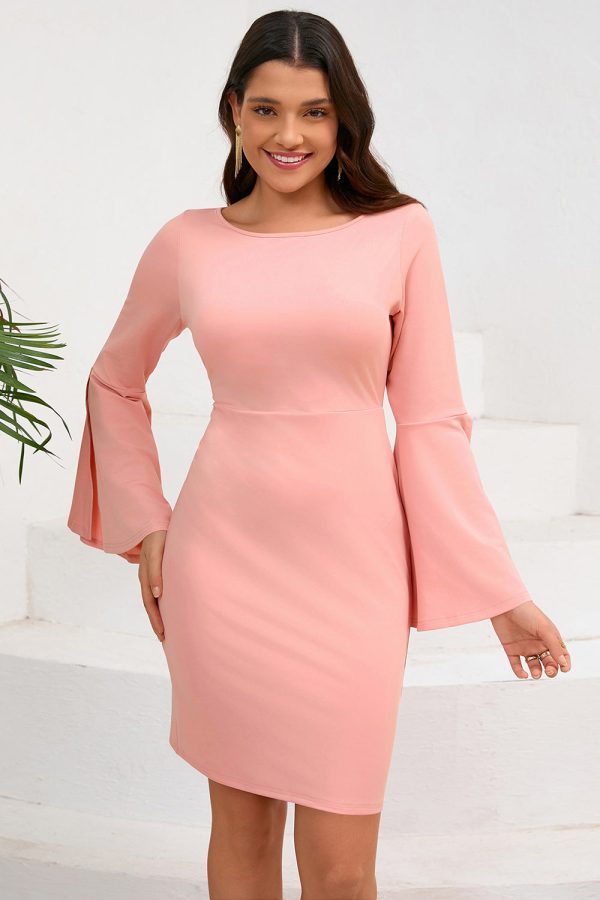 Bodycon Pink Round Neck Midi Cocktail Dress with Long Sleeves For Discount