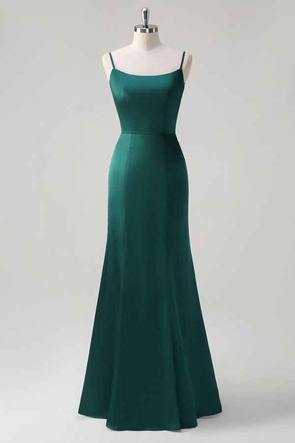 Dark Green Mermaid Spaghetti Straps Satin Bow Ruffle Long Bridesmaid Dress Online Hot Sale